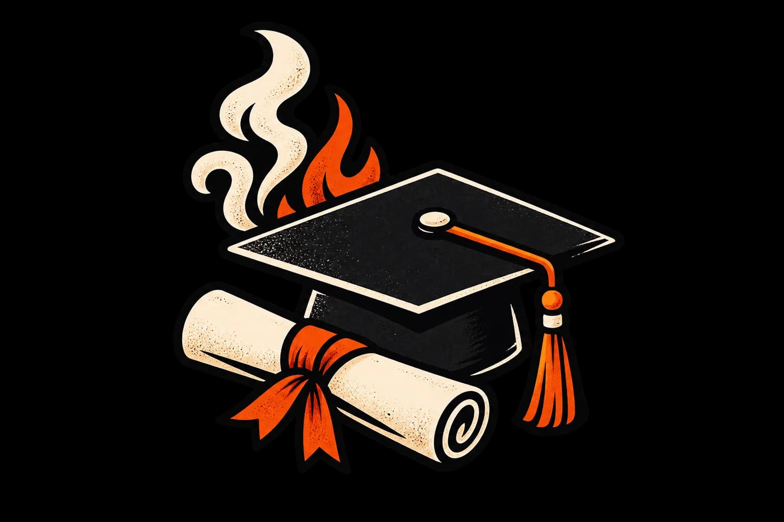 A graduation cap and a ribboned diploma with fire and smoke rising behind.