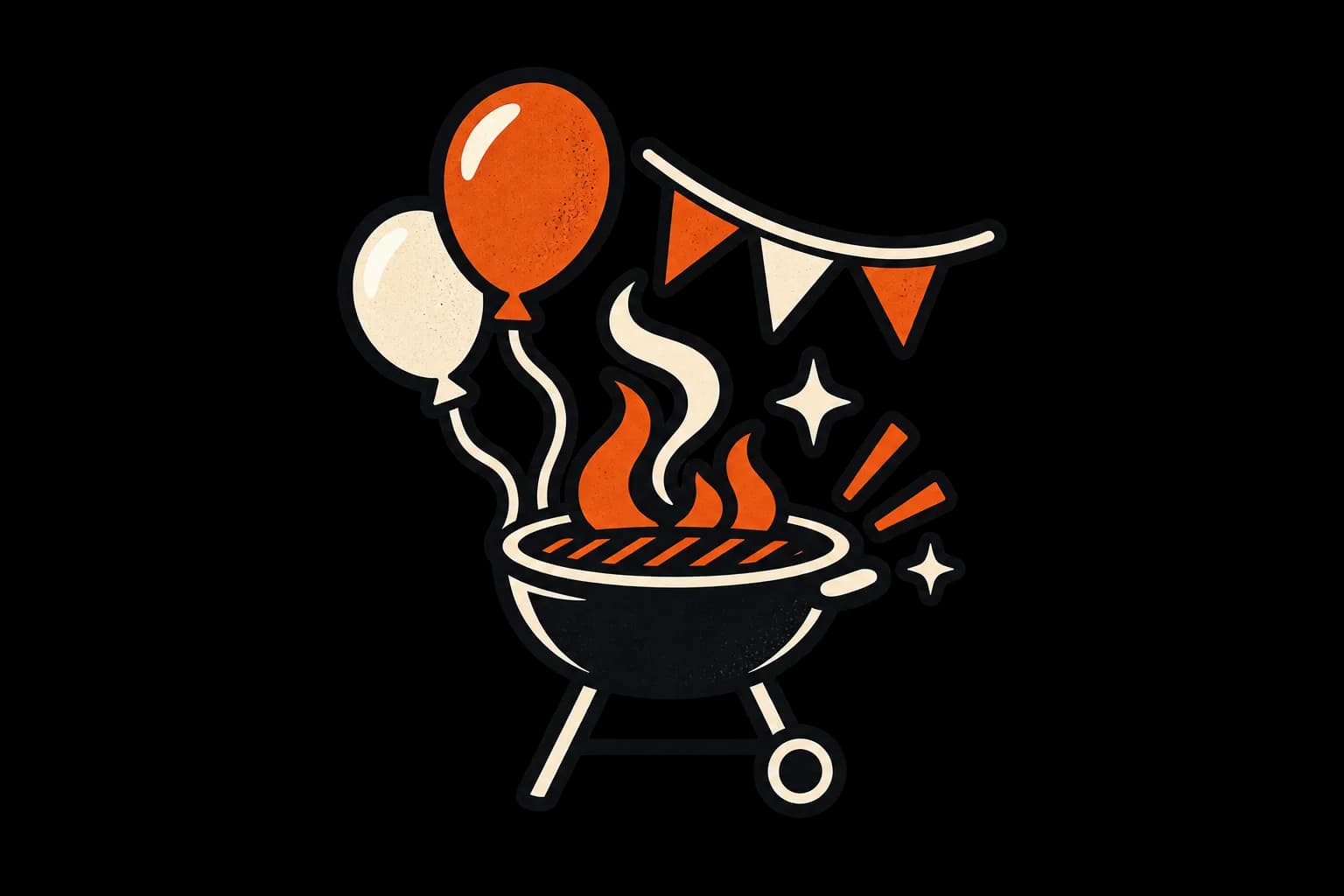 A backyard kettle grill in full flame under balloons and party bunting.