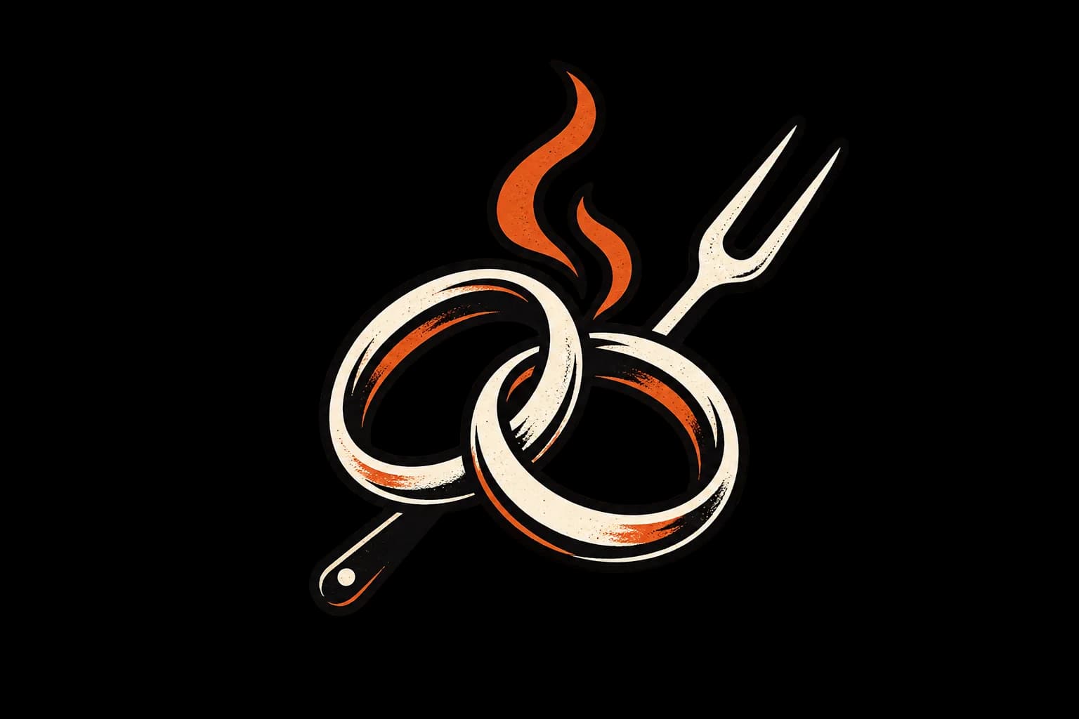 Two wedding rings interlocked with a carving fork, a flame rising behind them.