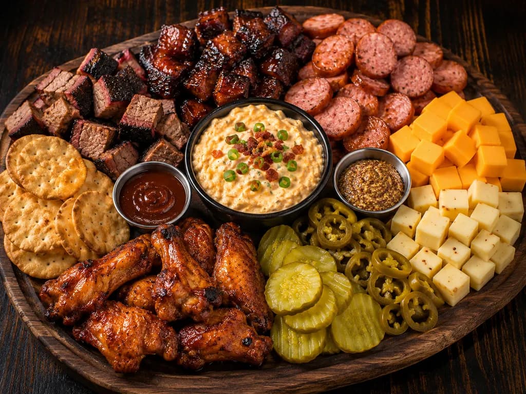A large round board arranged with burnt ends, sausage coins, cubed cheeses, pimento cheese, wings, crackers, pickles, and pickled jalapeños