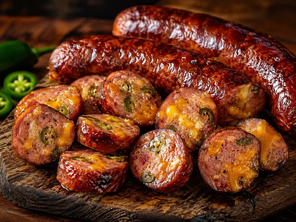 Smoked sausage links and sliced coins showing melted cheddar and jalapeño, with fresh peppers alongside