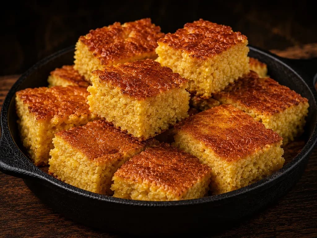 Golden squares of cast-iron cornbread stacked in a black skillet