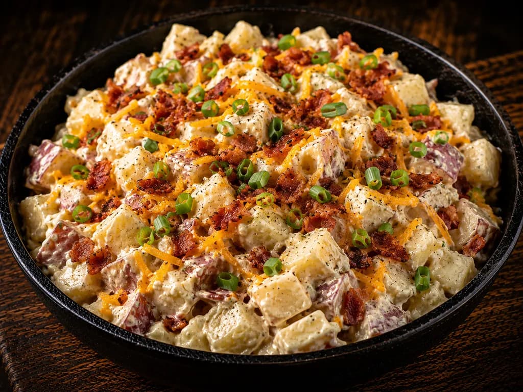 A bowl of chunky red-skin potato salad topped with crumbled bacon, shredded cheddar, and green onion