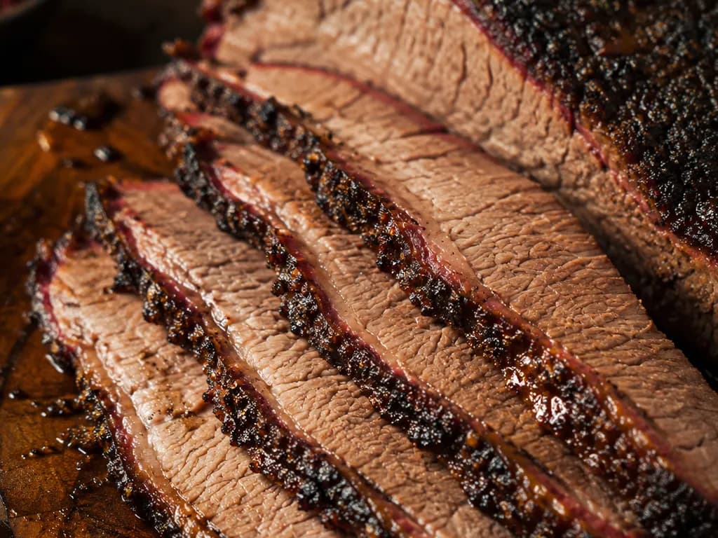 Slices of smoked brisket on a wooden board, each with a dark peppery bark and a red smoke ring