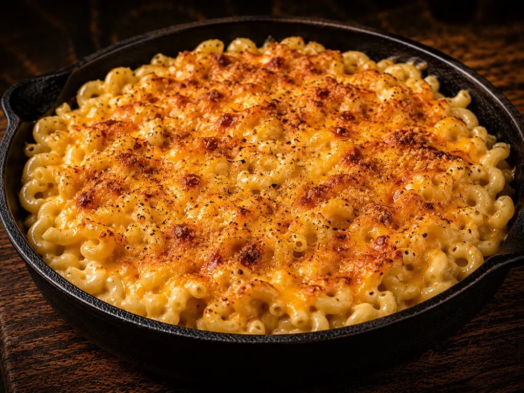 A cast-iron skillet of macaroni and cheese with a browned, paprika-dusted top
