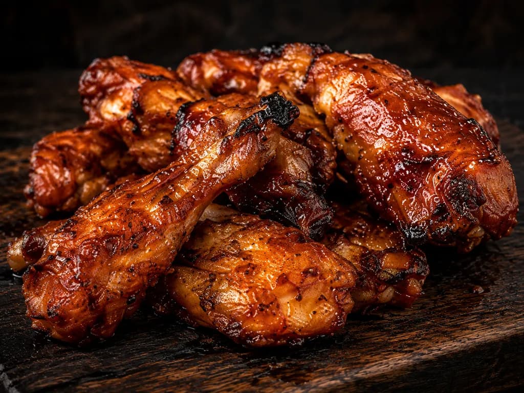 A stack of mahogany-glazed smoked chicken wings and drumsticks on a wooden board