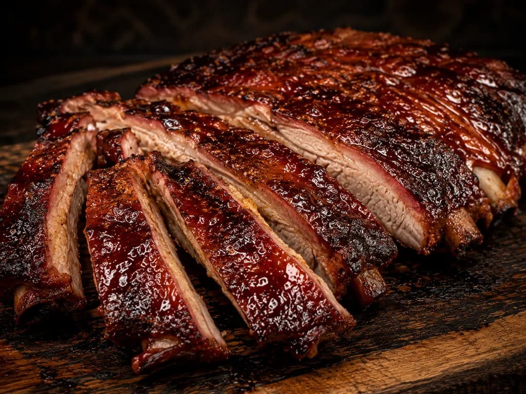 A rack of glazed St. Louis-cut spare ribs sliced between the bones on a dark wooden board